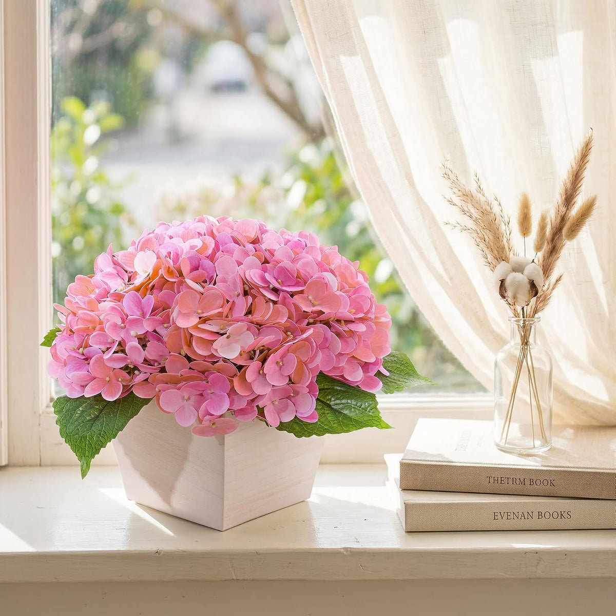 Artificial Hydrangea Flowers Arrangement in Wood Planter, 4PCS Fake Flowers in Wooden Vase Potted Floral Centerpieces for Tables Living Room Home Office Kitchen Decor (Pink Peony)
