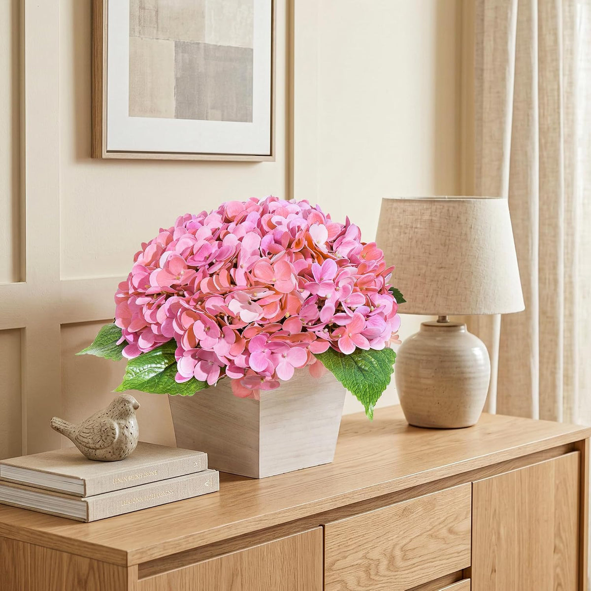 Artificial Hydrangea Flowers Arrangement in Wood Planter, 4PCS Fake Flowers in Wooden Vase Potted Floral Centerpieces for Tables Living Room Home Office Kitchen Decor (Pink Peony)