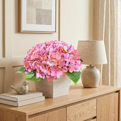 Artificial Hydrangea Flowers Arrangement in Wood Planter, 4PCS Fake Flowers in Wooden Vase Potted Floral Centerpieces for Tables Living Room Home Office Kitchen Decor (Pink Peony)