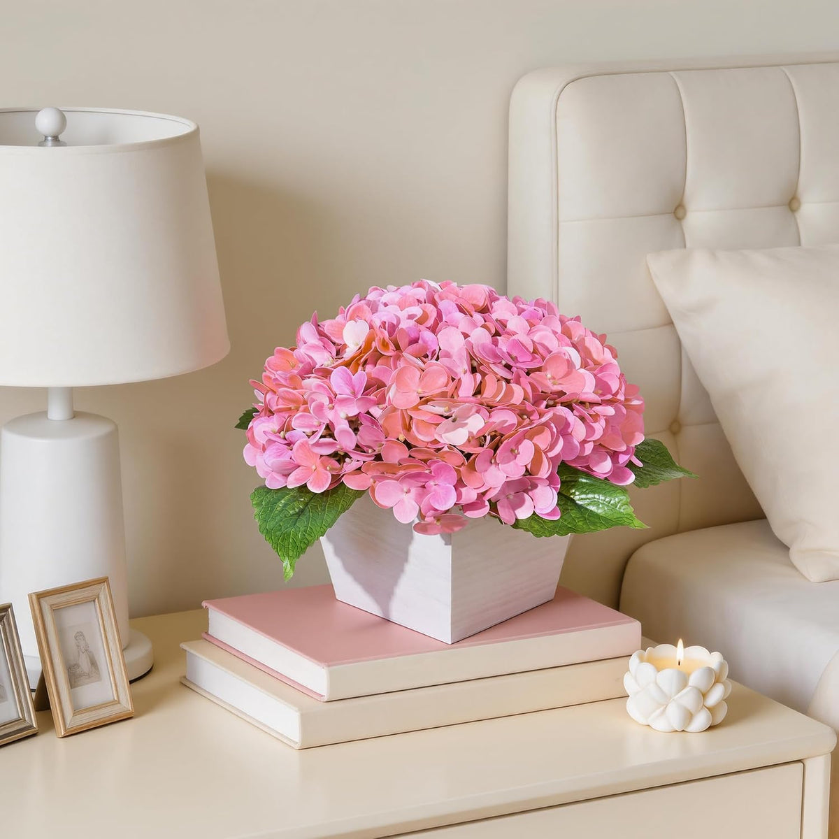 Artificial Hydrangea Flowers Arrangement in Wood Planter, 4PCS Fake Flowers in Wooden Vase Potted Floral Centerpieces for Tables Living Room Home Office Kitchen Decor (Pink Peony)