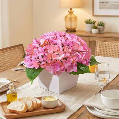 Artificial Hydrangea Flowers Arrangement in Wood Planter, 4PCS Fake Flowers in Wooden Vase Potted Floral Centerpieces for Tables Living Room Home Office Kitchen Decor (Pink Peony)