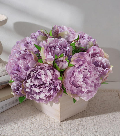 Artificial Hydrangea Flowers Arrangement in Wood Planter, 4PCS Fake Flowers in Wooden Vase Potted Floral Centerpieces for Tables Living Room Home Office Kitchen Decor (Pink Peony)