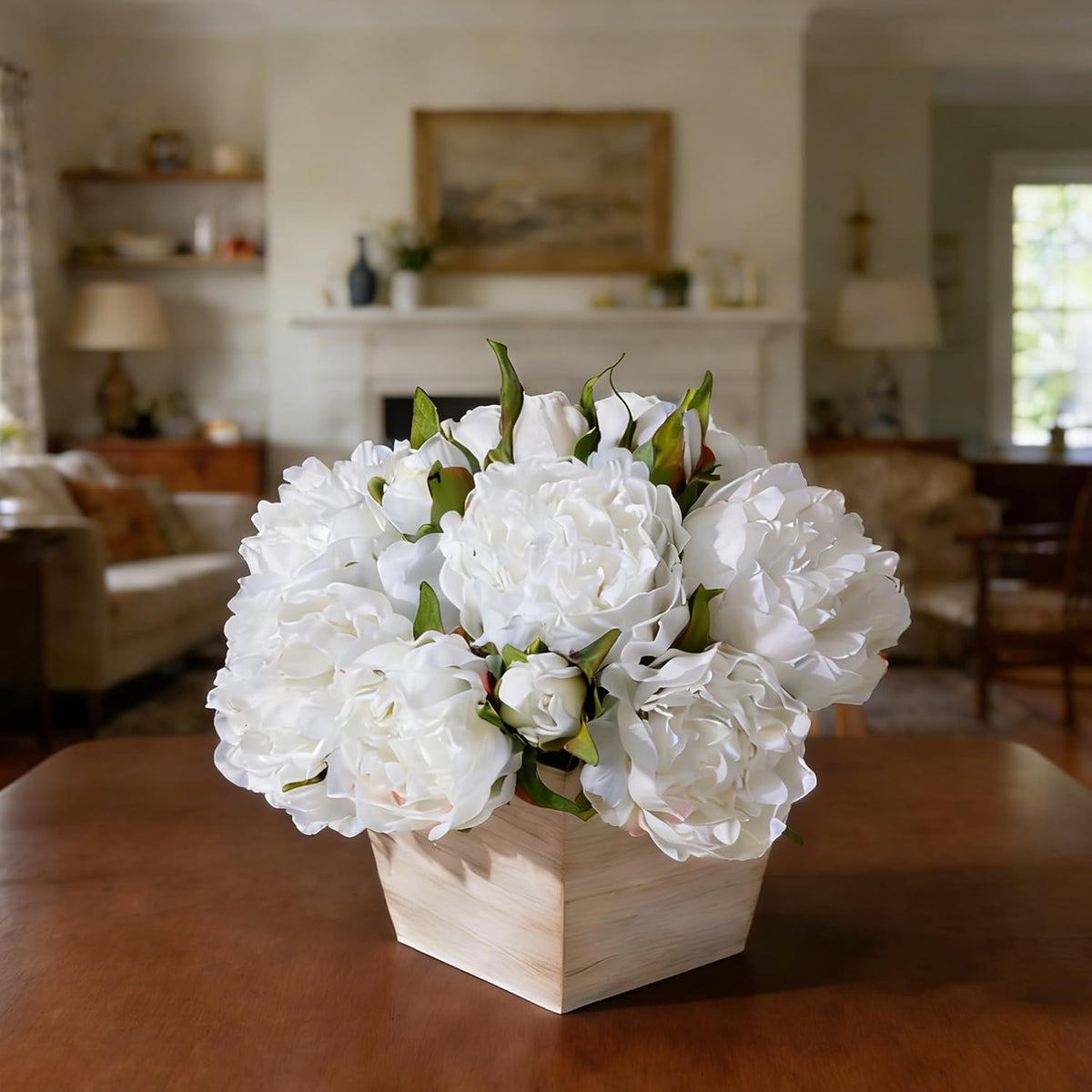 Artificial Hydrangea Flowers Arrangement in Wood Planter, 4PCS Fake Flowers in Wooden Vase Potted Floral Centerpieces for Tables Living Room Home Office Kitchen Decor (Pink Peony)