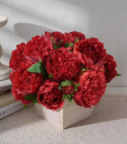Artificial Hydrangea Flowers Arrangement in Wood Planter, 4PCS Fake Flowers in Wooden Vase Potted Floral Centerpieces for Tables Living Room Home Office Kitchen Decor (Pink Peony)