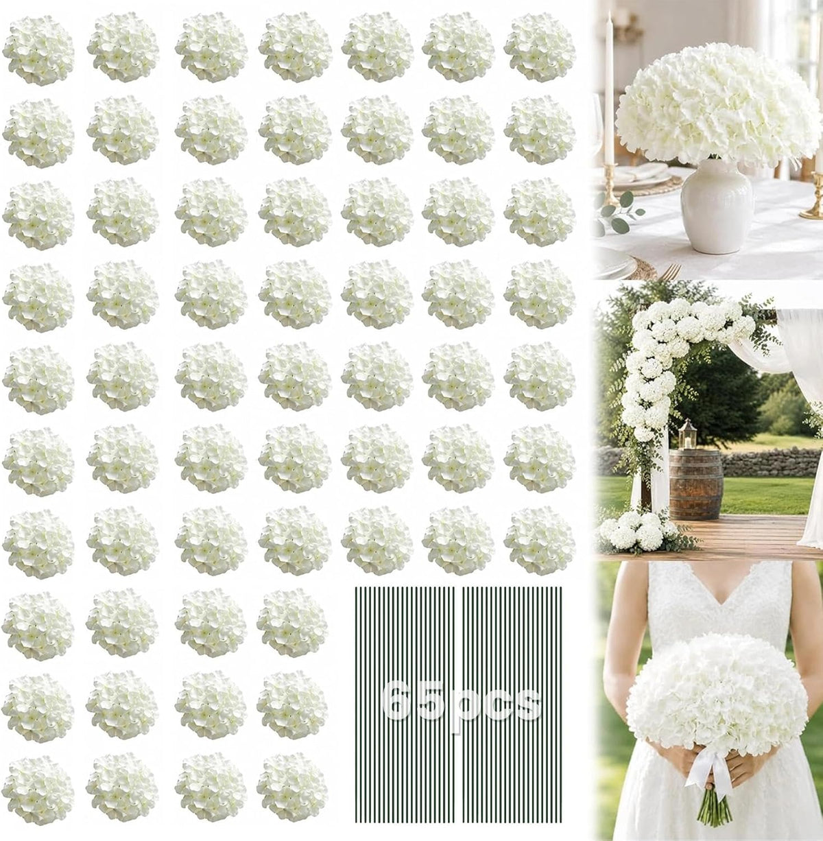 White Hydrangea Artificial Flowers Bulk, 65Pcs Silk Hydrangea Flowers