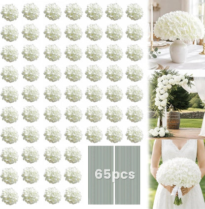 White Hydrangea Artificial Flowers Bulk, 65Pcs Silk Hydrangea Flowers