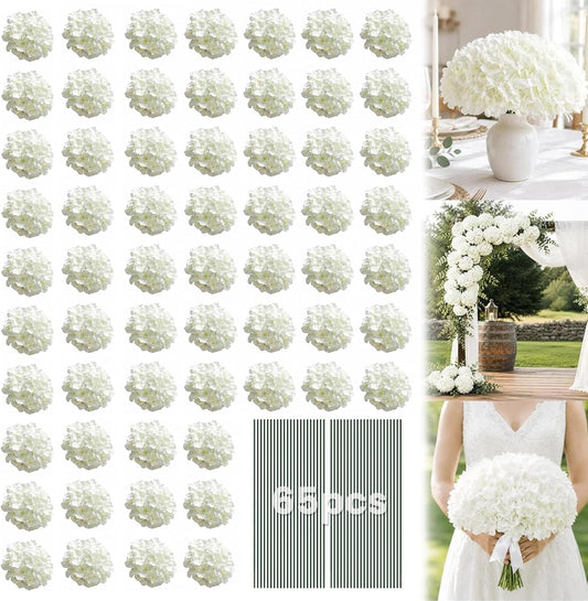 White Hydrangea Artificial Flowers Bulk, 65Pcs Silk Hydrangea Flowers