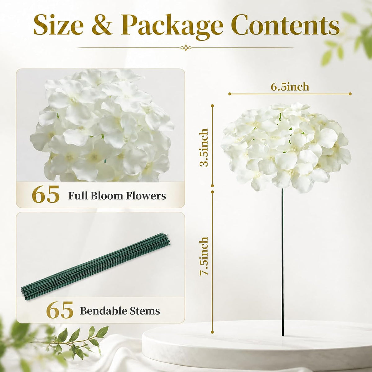 White Hydrangea Artificial Flowers Bulk, 65Pcs Silk Hydrangea Flowers