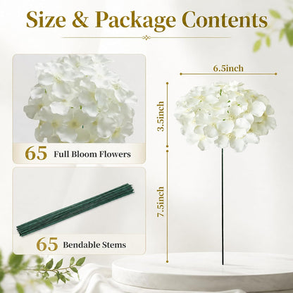 White Hydrangea Artificial Flowers Bulk, 65Pcs Silk Hydrangea Flowers