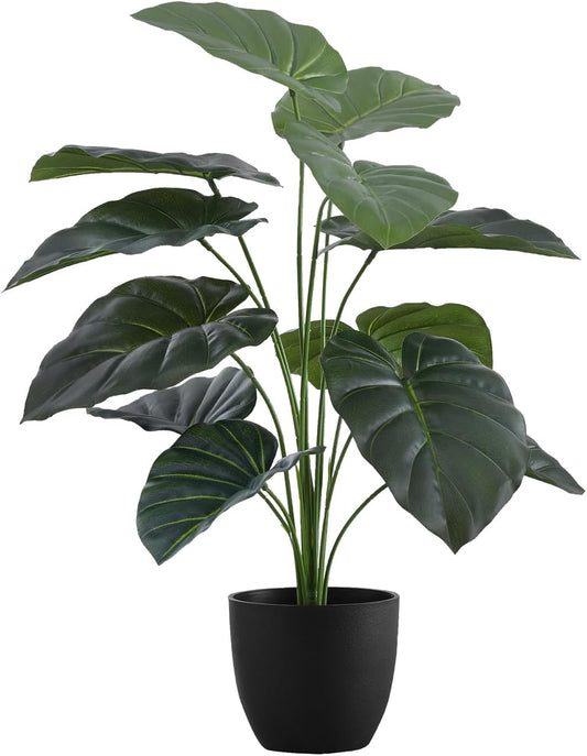 I 9578 Artificial Plant, 24" Tall, Alocasia, Indoor, Faux, Fake, Table, Greenery, Potted, Real Touch, Decorative, Green Leaves, Black Pot