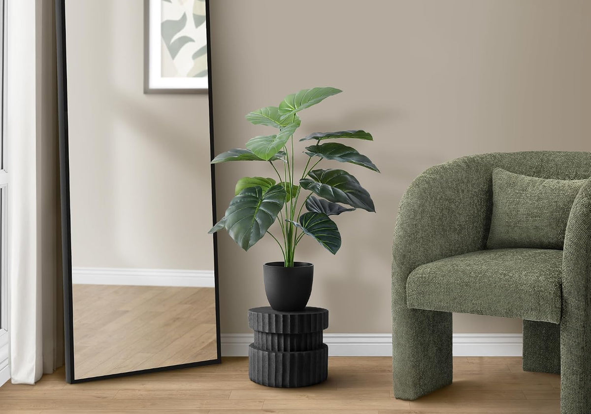 I 9578 Artificial Plant, 24" Tall, Alocasia, Indoor, Faux, Fake, Table, Greenery, Potted, Real Touch, Decorative, Green Leaves, Black Pot