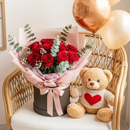 14PCS Red Roses Artificial Flowers, Fake Red Roses Bouquet