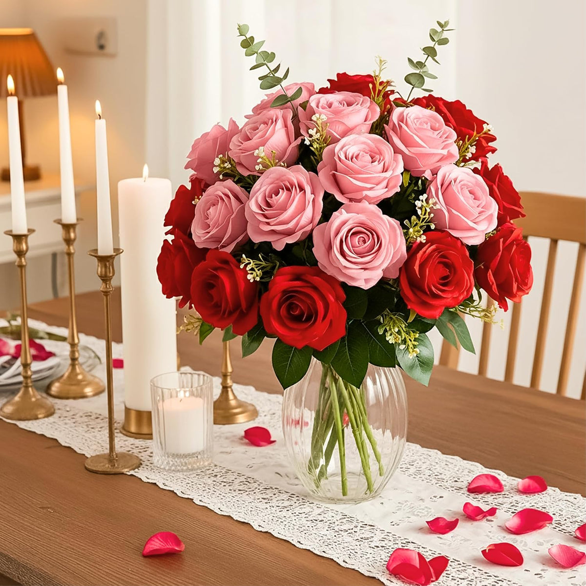 14PCS Red Roses Artificial Flowers, Fake Red Roses Bouquet