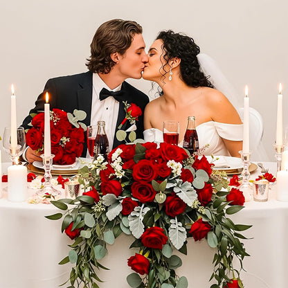 14PCS Red Roses Artificial Flowers, Fake Red Roses Bouquet