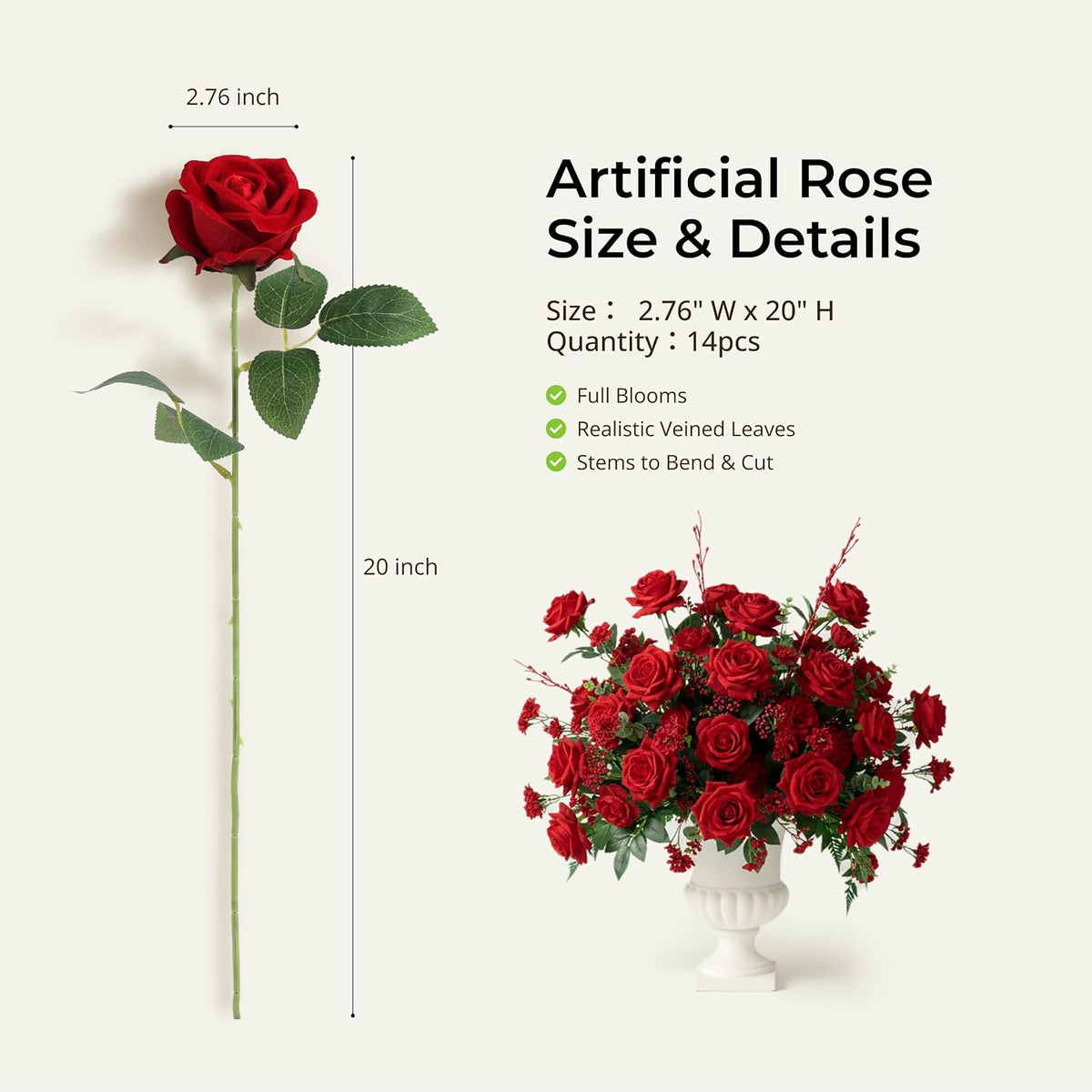 14PCS Red Roses Artificial Flowers, Fake Red Roses Bouquet