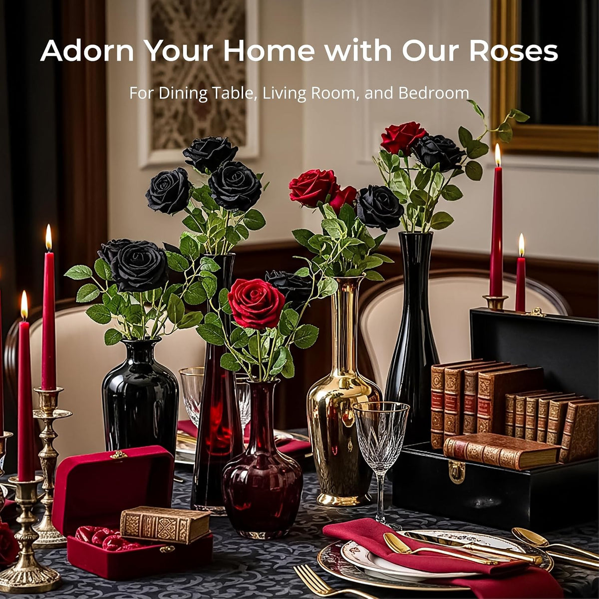14PCS Red Roses Artificial Flowers, Fake Red Roses Bouquet