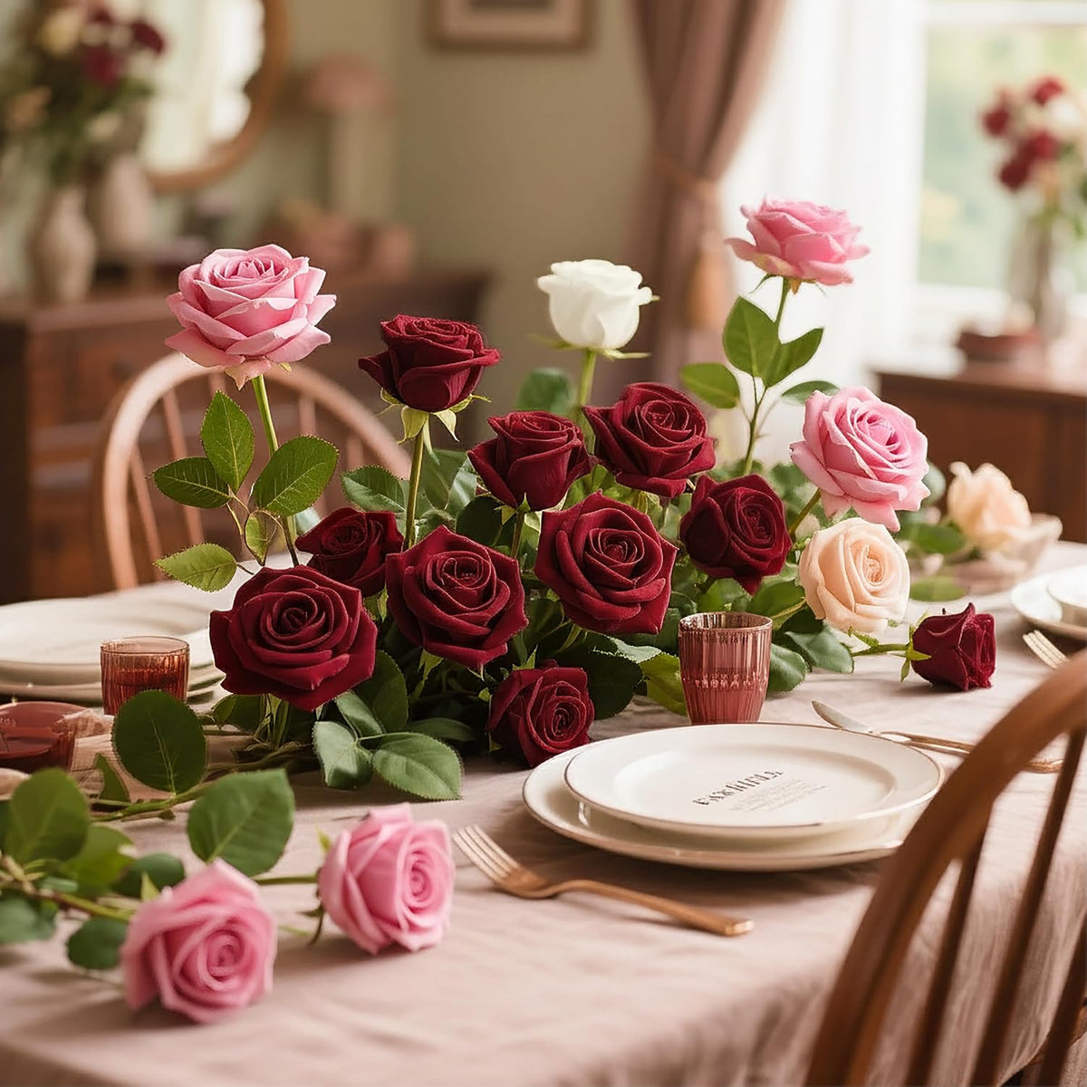 14PCS Red Roses Artificial Flowers, Fake Red Roses Bouquet