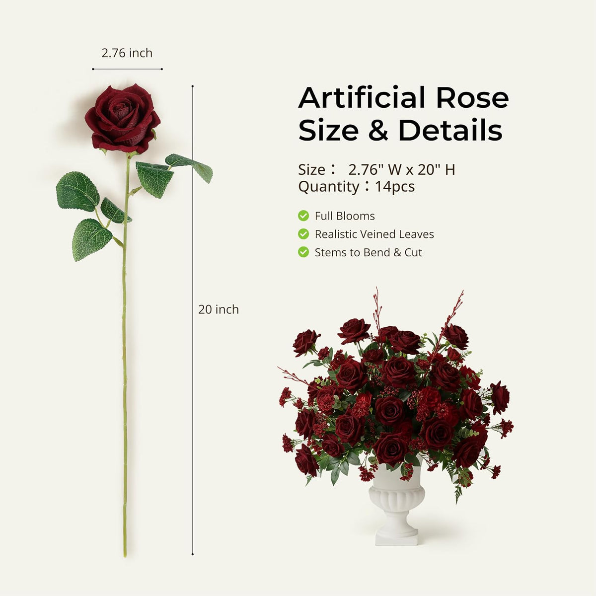 14PCS Red Roses Artificial Flowers, Fake Red Roses Bouquet