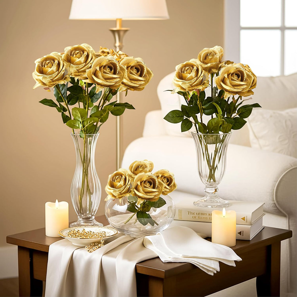 14PCS Red Roses Artificial Flowers, Fake Red Roses Bouquet