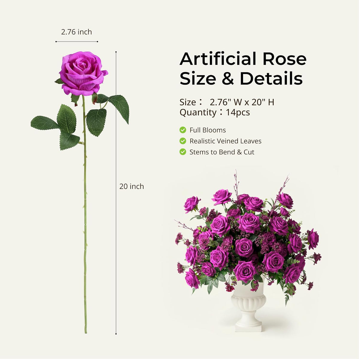 14PCS Red Roses Artificial Flowers, Fake Red Roses Bouquet