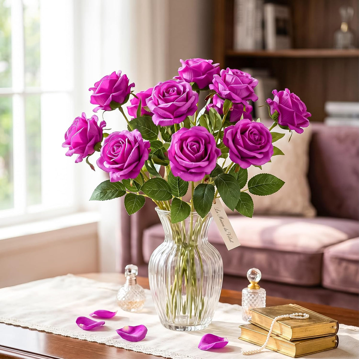 14PCS Red Roses Artificial Flowers, Fake Red Roses Bouquet
