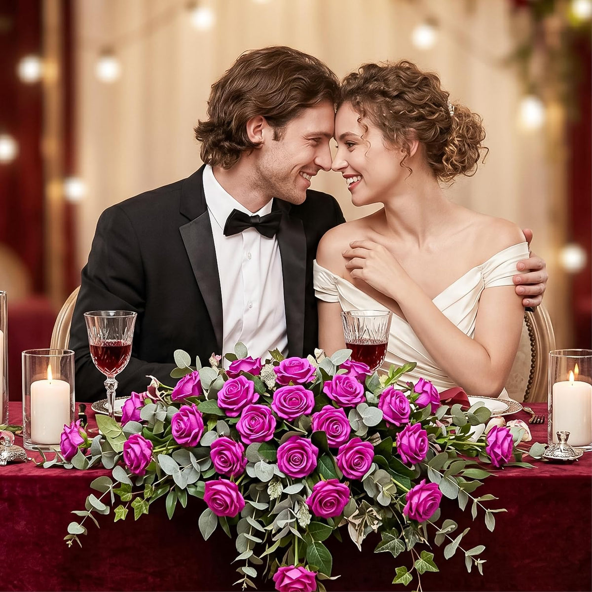 14PCS Red Roses Artificial Flowers, Fake Red Roses Bouquet