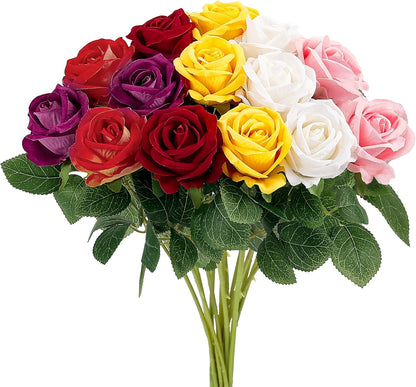 14PCS Red Roses Artificial Flowers, Fake Red Roses Bouquet