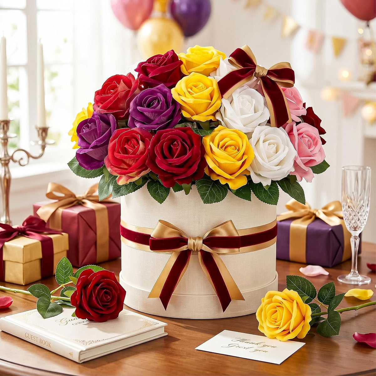 14PCS Red Roses Artificial Flowers, Fake Red Roses Bouquet