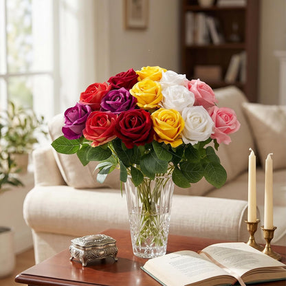 14PCS Red Roses Artificial Flowers, Fake Red Roses Bouquet