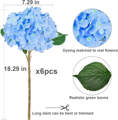 6PCS Blue Hydrangea Artificial Flowers, Bulk Silk Fake Flower with Stems, Faux Hydrangeas Bouquets for Home Décor, Wedding, Party, and Office Table Centerpieces.