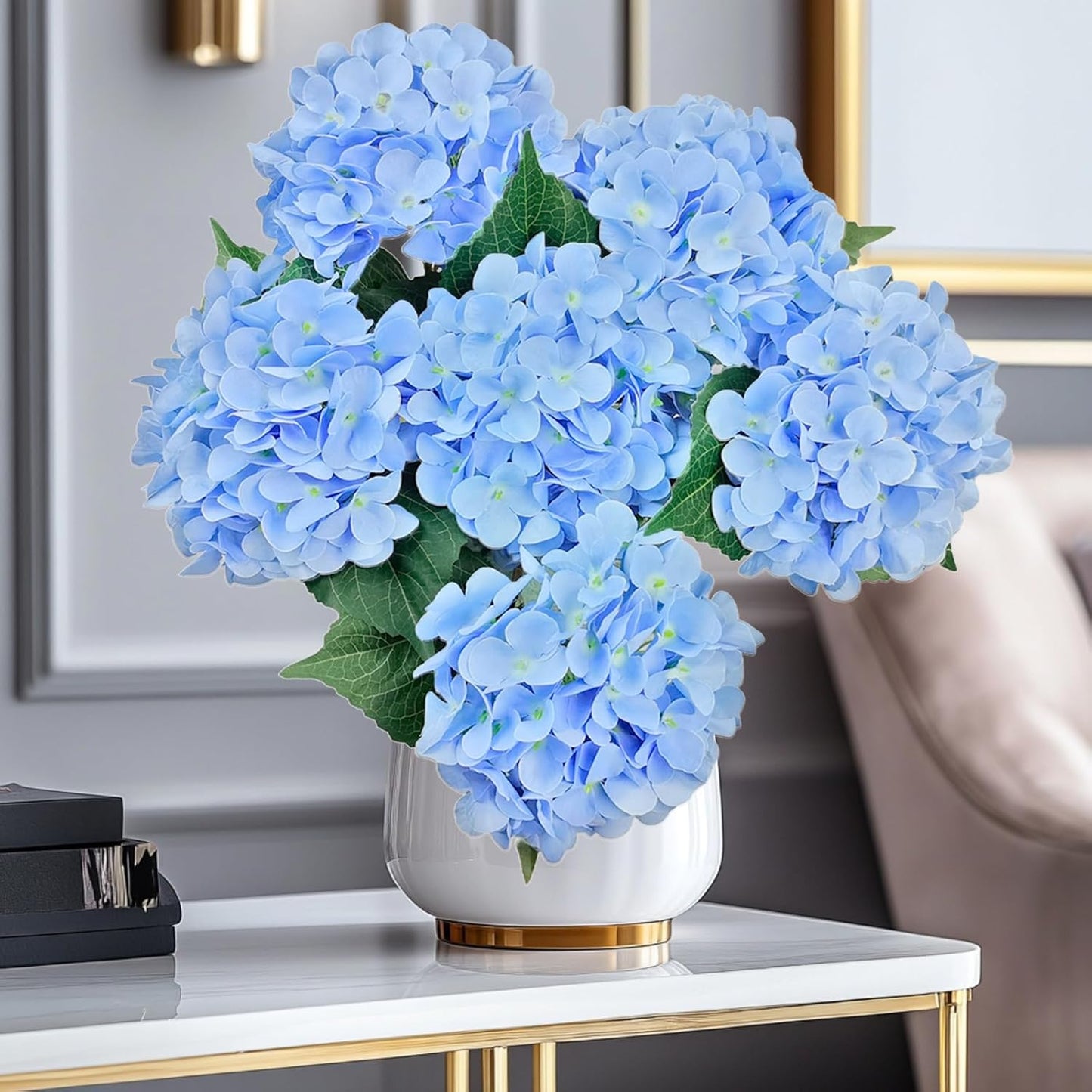 6PCS Blue Hydrangea Artificial Flowers, Bulk Silk Fake Flower with Stems, Faux Hydrangeas Bouquets for Home Décor, Wedding, Party, and Office Table Centerpieces.