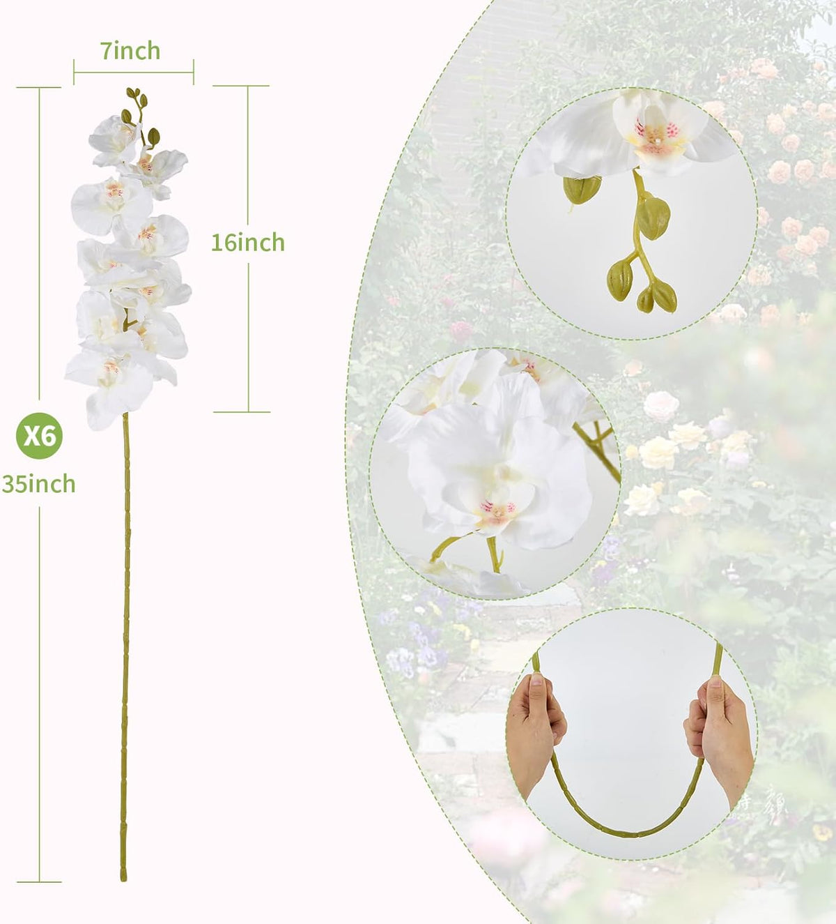 6 Pcs Artificial Orchid Stems 33.5" Tall 9 Large Petals Fake White Phalaenopsis Flower Arrangements for Home Wedding Living Room Table Centerpiece Office Table Decor White