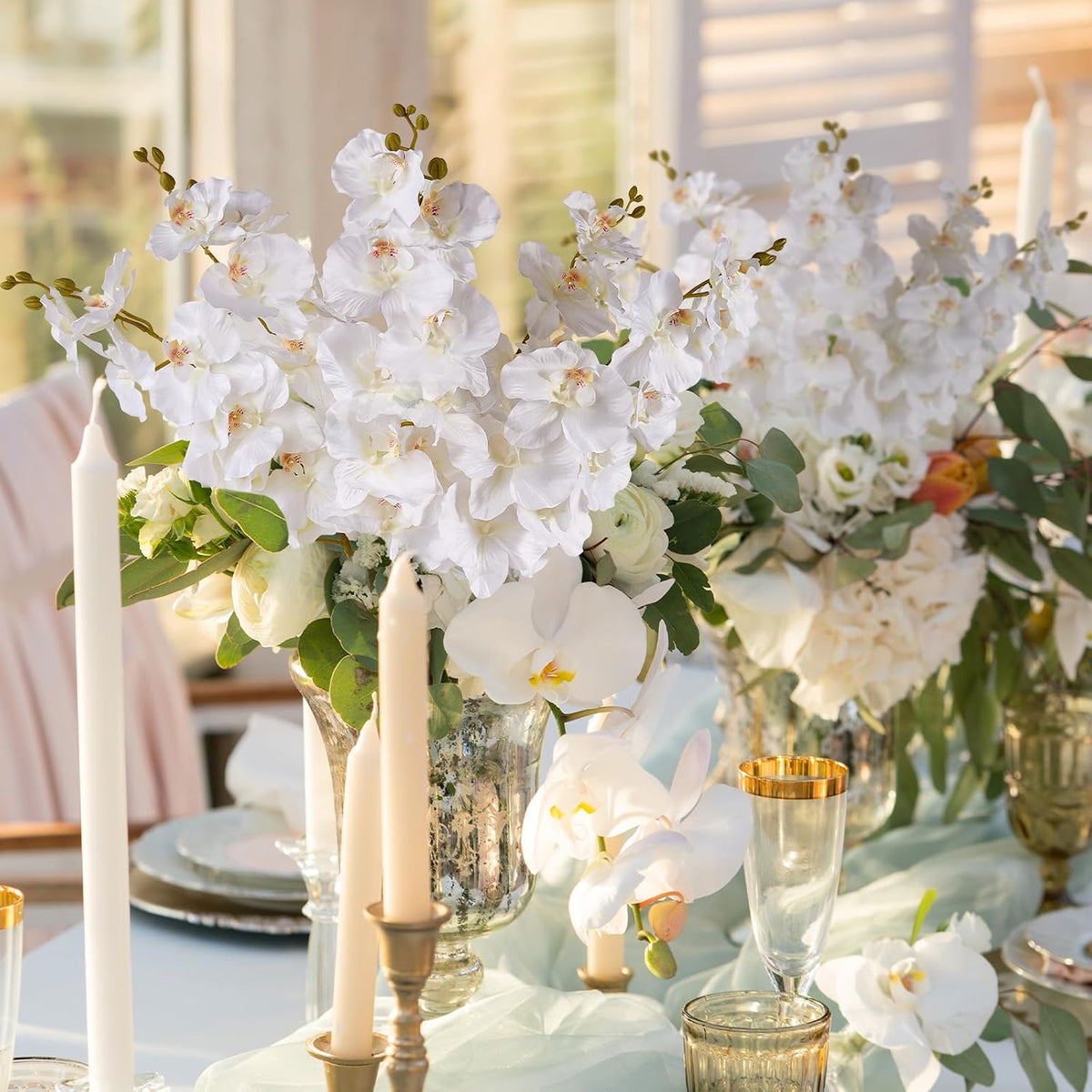 6 Pcs Artificial Orchid Stems 33.5" Tall 9 Large Petals Fake White Phalaenopsis Flower Arrangements for Home Wedding Living Room Table Centerpiece Office Table Decor White