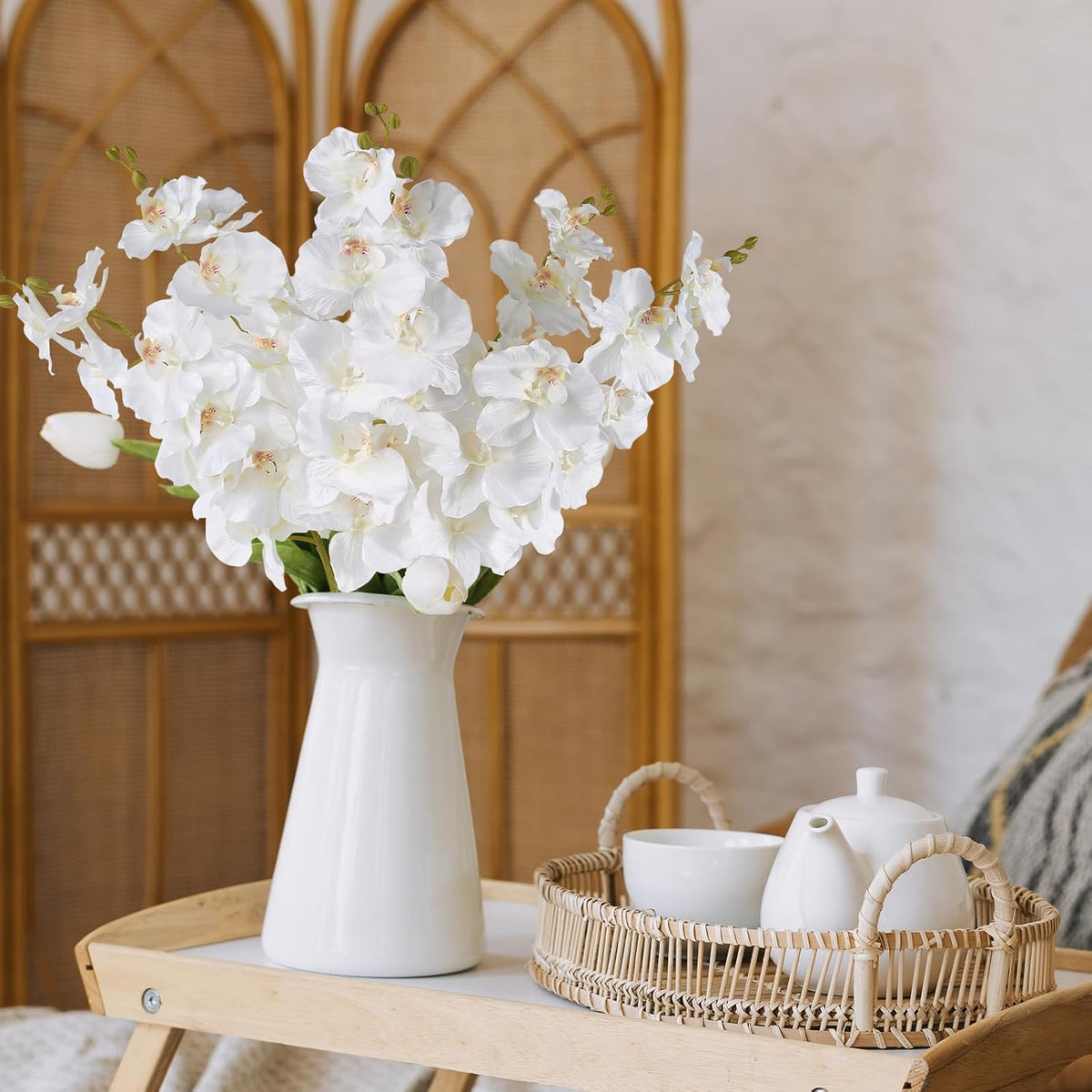 6 Pcs Artificial Orchid Stems 33.5" Tall 9 Large Petals Fake White Phalaenopsis Flower Arrangements for Home Wedding Living Room Table Centerpiece Office Table Decor White