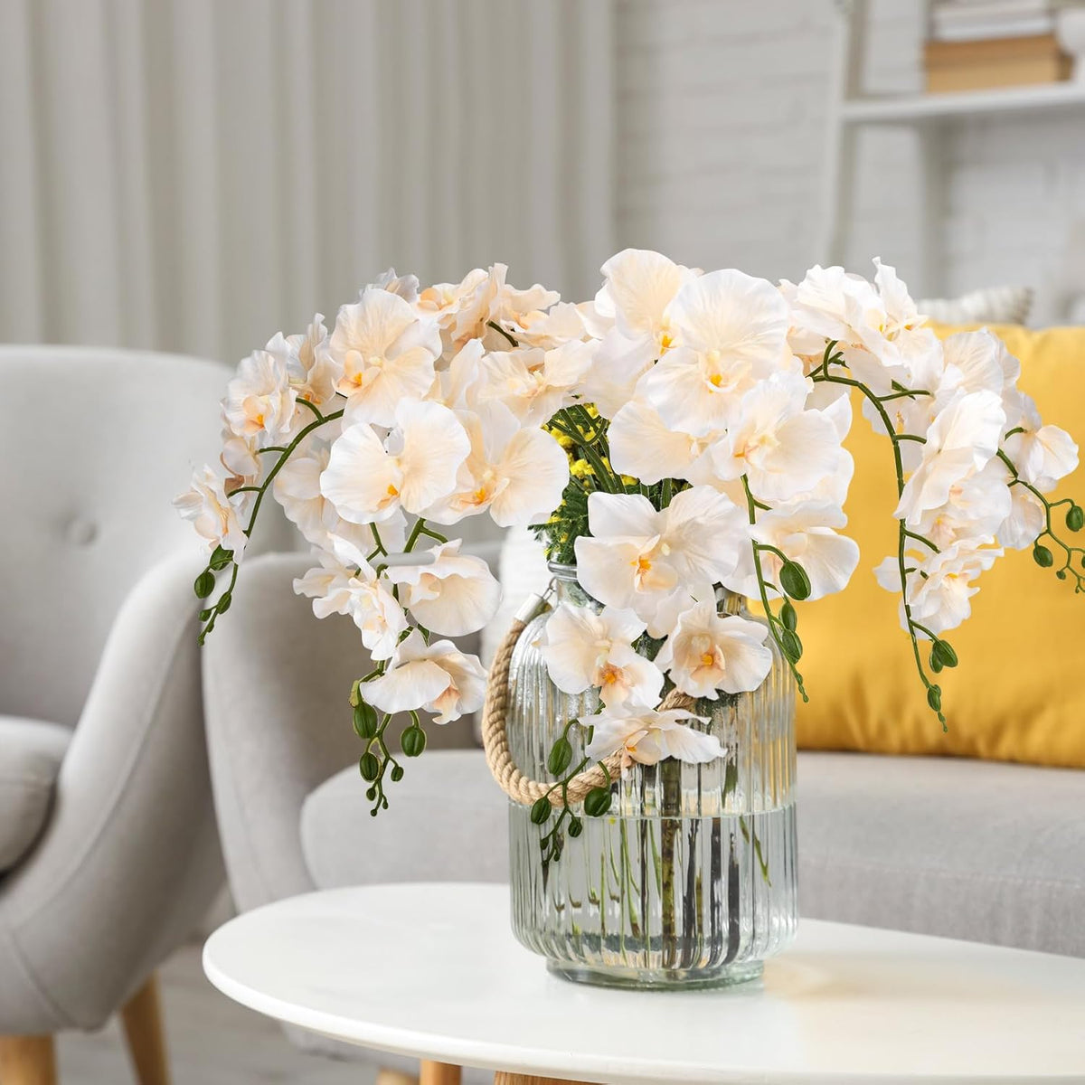 6 Pcs Artificial Orchid Stems 33.5" Tall 9 Large Petals Fake White Phalaenopsis Flower Arrangements for Home Wedding Living Room Table Centerpiece Office Table Decor White