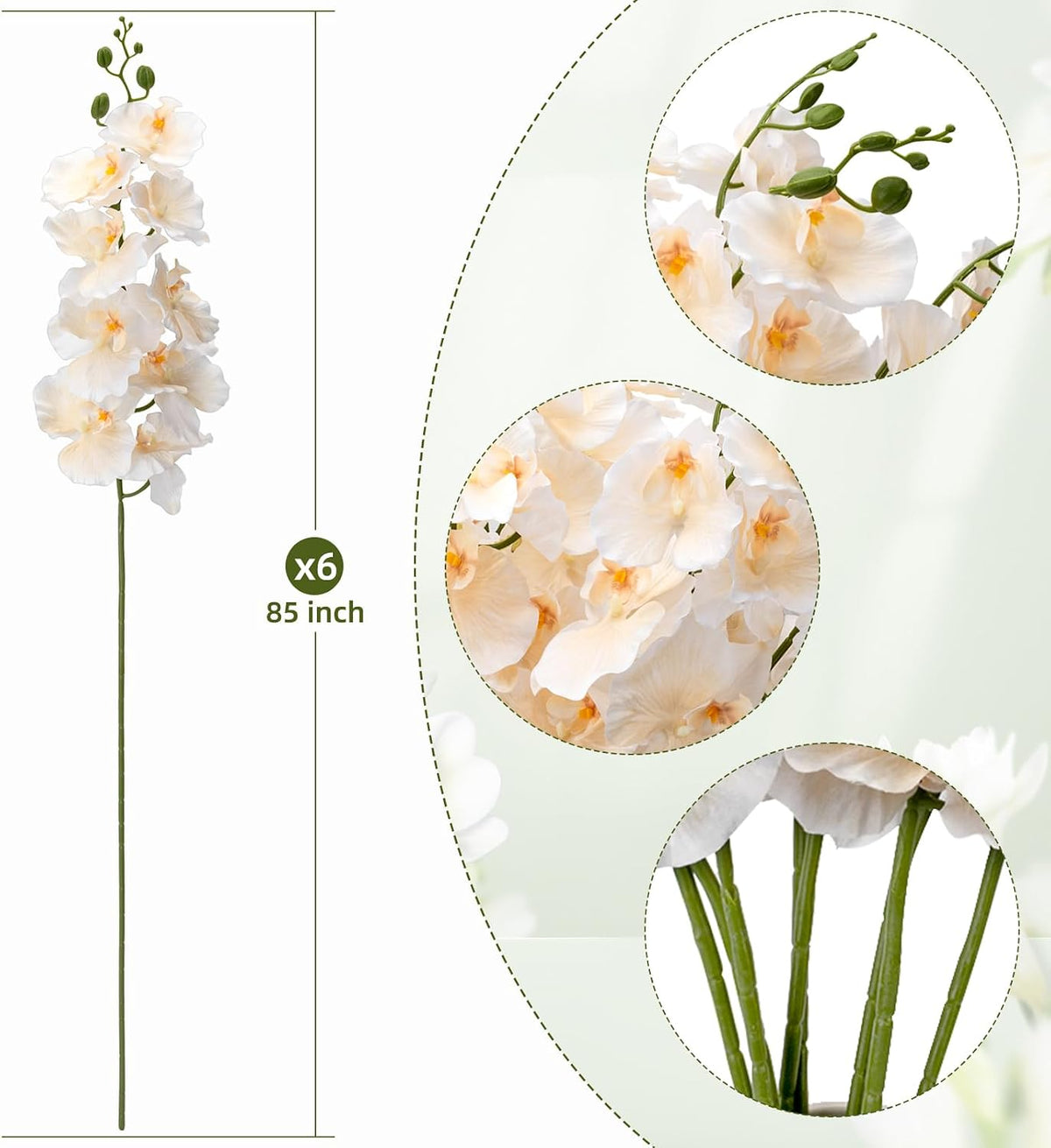 6 Pcs Artificial Orchid Stems 33.5" Tall 9 Large Petals Fake White Phalaenopsis Flower Arrangements for Home Wedding Living Room Table Centerpiece Office Table Decor White