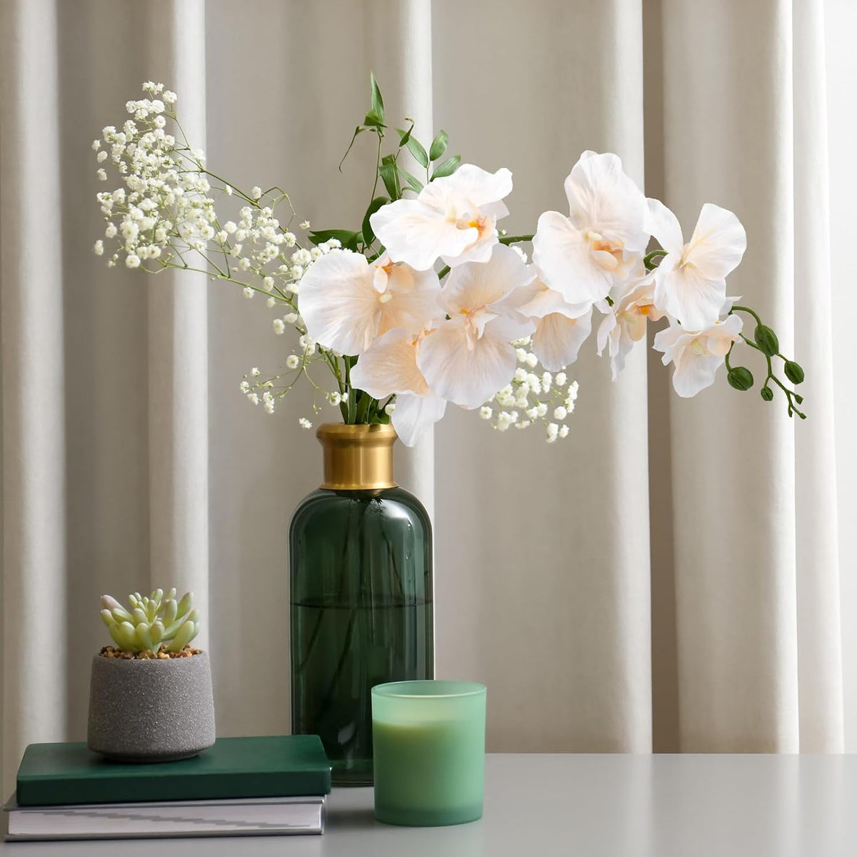 6 Pcs Artificial Orchid Stems 33.5" Tall 9 Large Petals Fake White Phalaenopsis Flower Arrangements for Home Wedding Living Room Table Centerpiece Office Table Decor White