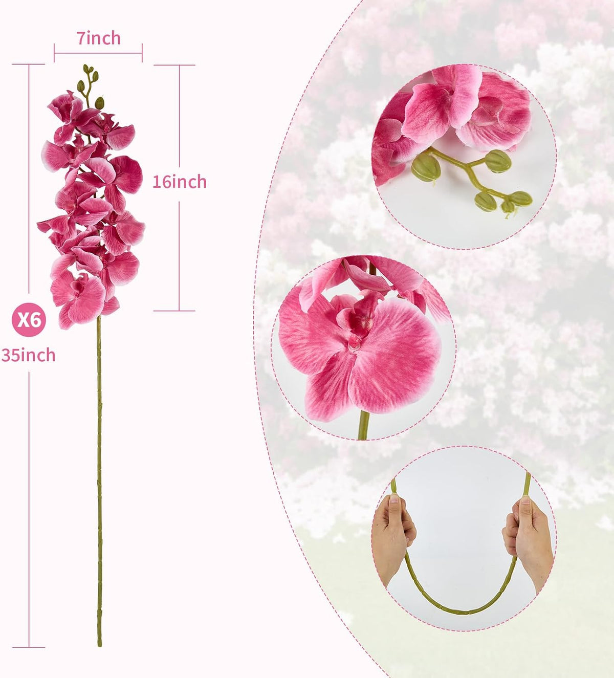 6 Pcs Artificial Orchid Stems 33.5" Tall 9 Large Petals Fake White Phalaenopsis Flower Arrangements for Home Wedding Living Room Table Centerpiece Office Table Decor White