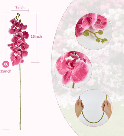 6 Pcs Artificial Orchid Stems 33.5" Tall 9 Large Petals Fake White Phalaenopsis Flower Arrangements for Home Wedding Living Room Table Centerpiece Office Table Decor White