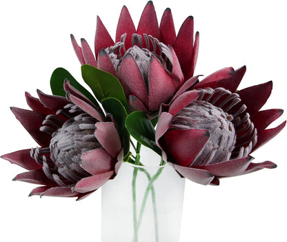 Artificial Protea Cynaroides for Flower Arrangements, Faux Silk Bouquet for Table Decoration Centerpieces, Wedding (3 Pieces, Red)