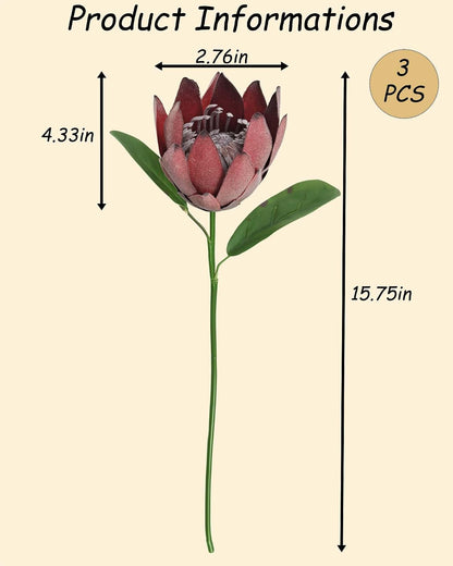 Artificial Protea Cynaroides for Flower Arrangements, Faux Silk Bouquet for Table Decoration Centerpieces, Wedding (3 Pieces, Red)