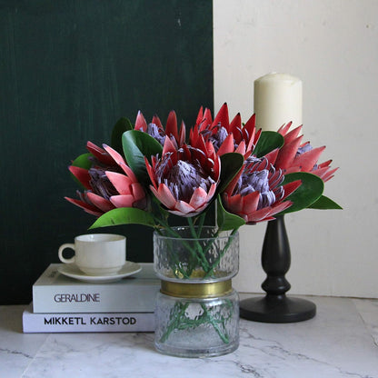 Artificial Protea Cynaroides for Flower Arrangements, Faux Silk Bouquet for Table Decoration Centerpieces, Wedding (3 Pieces, Red)