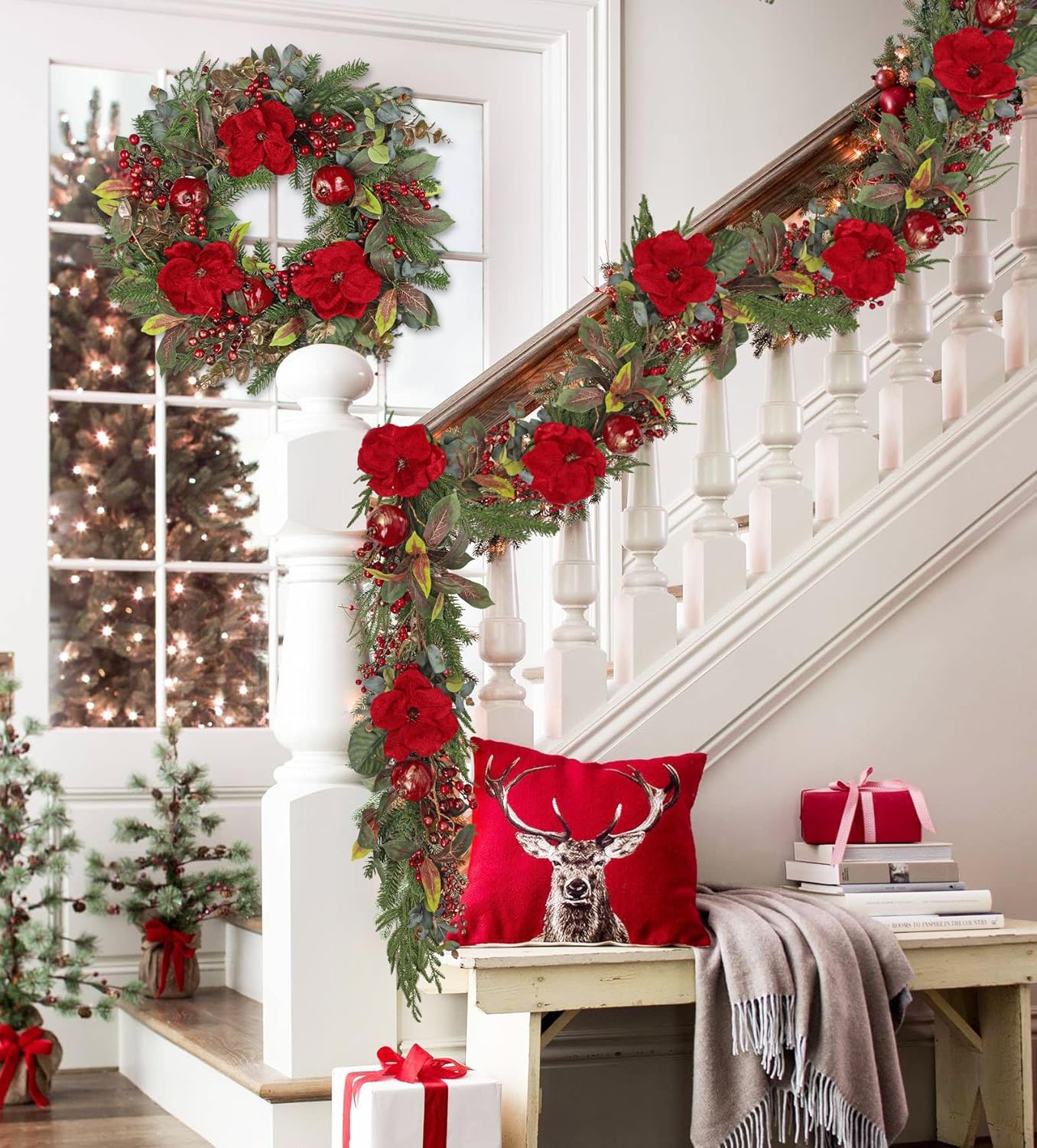 6ft Red Magnolia Christmas Garland with Pomegranate & Berries, Real Touch Artificial Holiday Pine Garlands for Winter Fireplace Mantle, Stairs, Front Door & Table, Doorway