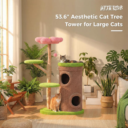 Forest Cat Tree with Flower Condos, Cute Tall Cat Tower with Scratching Posts & Padded Perch, Multi-Level Kitty Activity Center for Indoor Cats, Indoor Jungle Gym Furniture