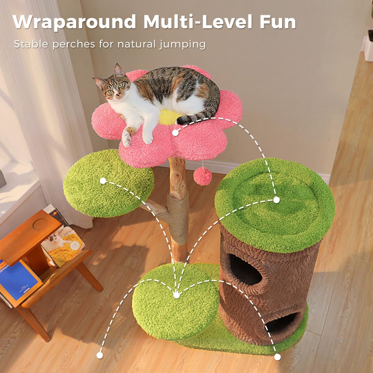 Forest Cat Tree with Flower Condos, Cute Tall Cat Tower with Scratching Posts & Padded Perch, Multi-Level Kitty Activity Center for Indoor Cats, Indoor Jungle Gym Furniture
