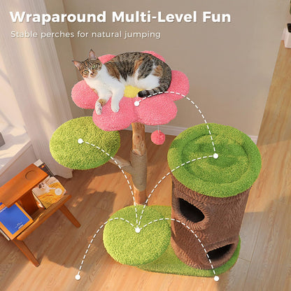 Forest Cat Tree with Flower Condos, Cute Tall Cat Tower with Scratching Posts & Padded Perch, Multi-Level Kitty Activity Center for Indoor Cats, Indoor Jungle Gym Furniture