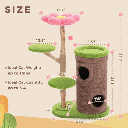 Forest Cat Tree with Flower Condos, Cute Tall Cat Tower with Scratching Posts & Padded Perch, Multi-Level Kitty Activity Center for Indoor Cats, Indoor Jungle Gym Furniture