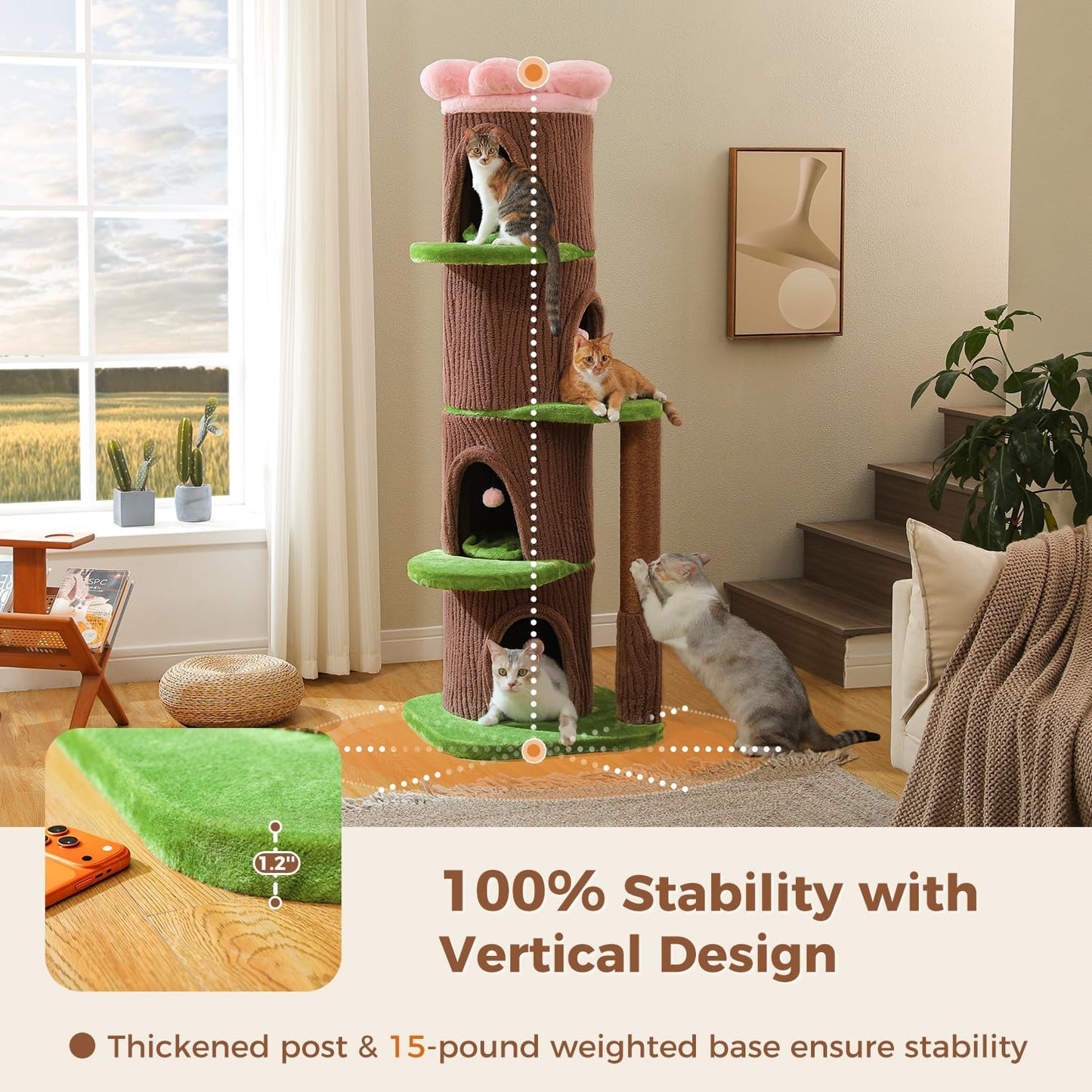 Forest Cat Tree with Flower Condos, Cute Tall Cat Tower with Scratching Posts & Padded Perch, Multi-Level Kitty Activity Center for Indoor Cats, Indoor Jungle Gym Furniture