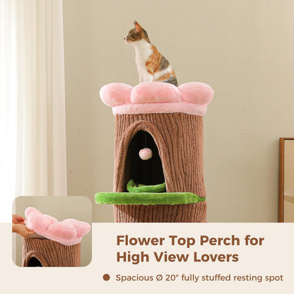 Forest Cat Tree with Flower Condos, Cute Tall Cat Tower with Scratching Posts & Padded Perch, Multi-Level Kitty Activity Center for Indoor Cats, Indoor Jungle Gym Furniture