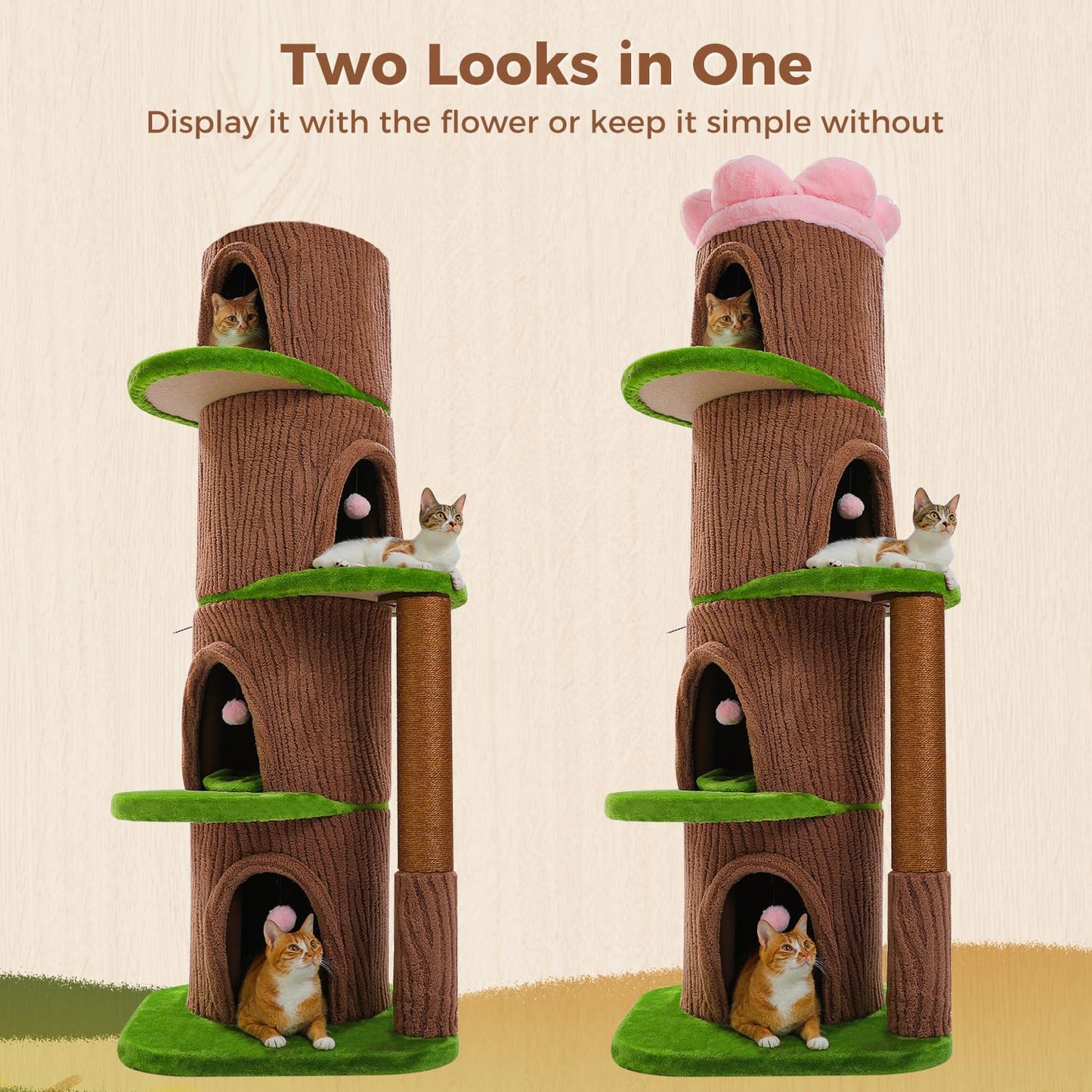 Forest Cat Tree with Flower Condos, Cute Tall Cat Tower with Scratching Posts & Padded Perch, Multi-Level Kitty Activity Center for Indoor Cats, Indoor Jungle Gym Furniture